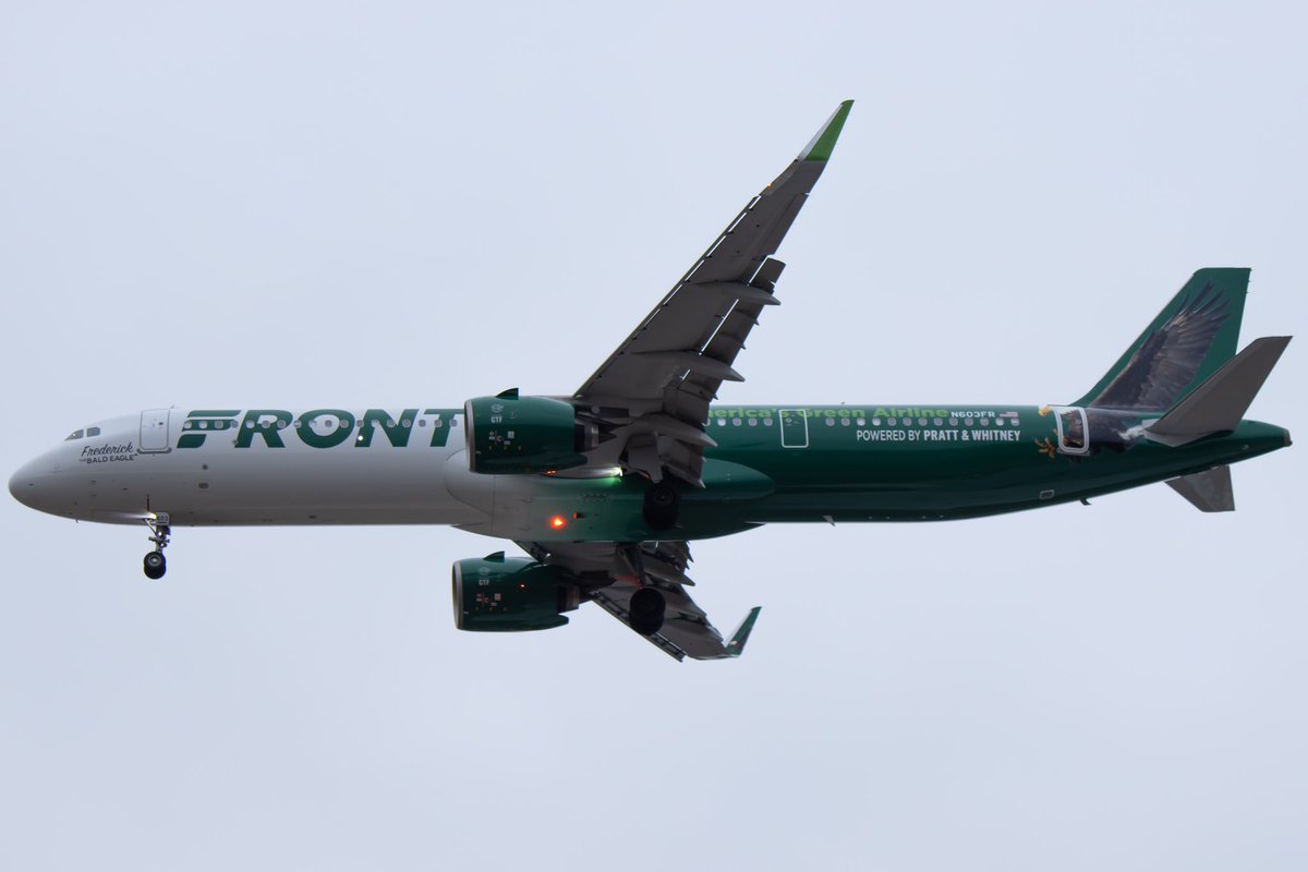 Frontier’s A321-271 “Frederick the Bald Eagle” short final for RWY 24 at BDL this morning. They have 3 planes painted in this special livery to celebrate their new P&W GTF powered NEOs. N603FR, N604FR and N605FR. N604FR is the last one I need to get.
