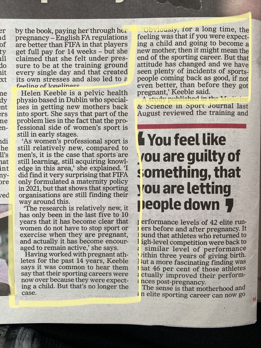 HKPelvicPhysio's tweet photo. Fab article in todays @IrishMailSunday - Baby Steps by @bailemg 

Delighted to have contributed to this piece. The tide is turning 👏🏽

@HealthUmi @_ISCP_ @ThePOGP @WomeninFootball @Womeninsport_uk @sportireland @SiobhanOConnor3 https://t.co/DLEZWS5fvF