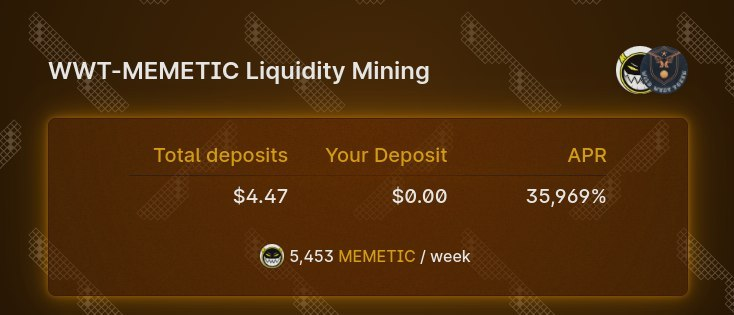 Our WWT/MEMETIC farm is now live on #POMChain!

You can buy both WWT and MEMETIC on our DEX by visiting app.memeticswap.com

#POM #ProofOfMemes