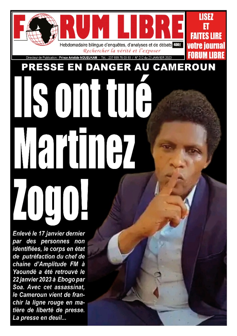 MimiMefoInfo's tweet photo. The murder of #MartinezZogo features on the front pages of several newspapers in #Cameroon

-Why kill a journalist?
-The Cameroonian media in grave danger -- are some of the headlines

#JournalismIsNotACrime 
#MartinezZogo 
#JusticeForMartinezZogo https://t.co/hmVooJqPS7