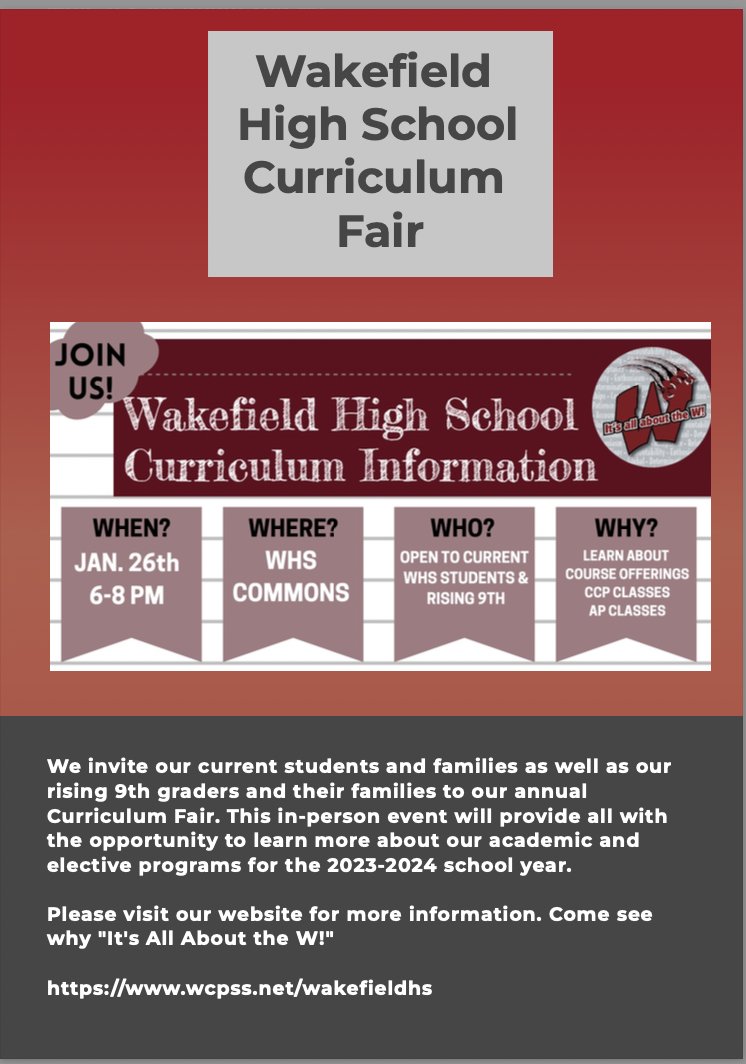 See you THIS Thursday <a href="/WakefieldHS/">Wakefield HS</a> current students and families as well as our rising 9th graders and their families. Visit our website for more info. <a href="/WakefieldStrong/">Wakefield Strong</a> #ItsAllAboutTheW <a href="/WHSStudentSvcs/">WHS Student Services</a> 🐾