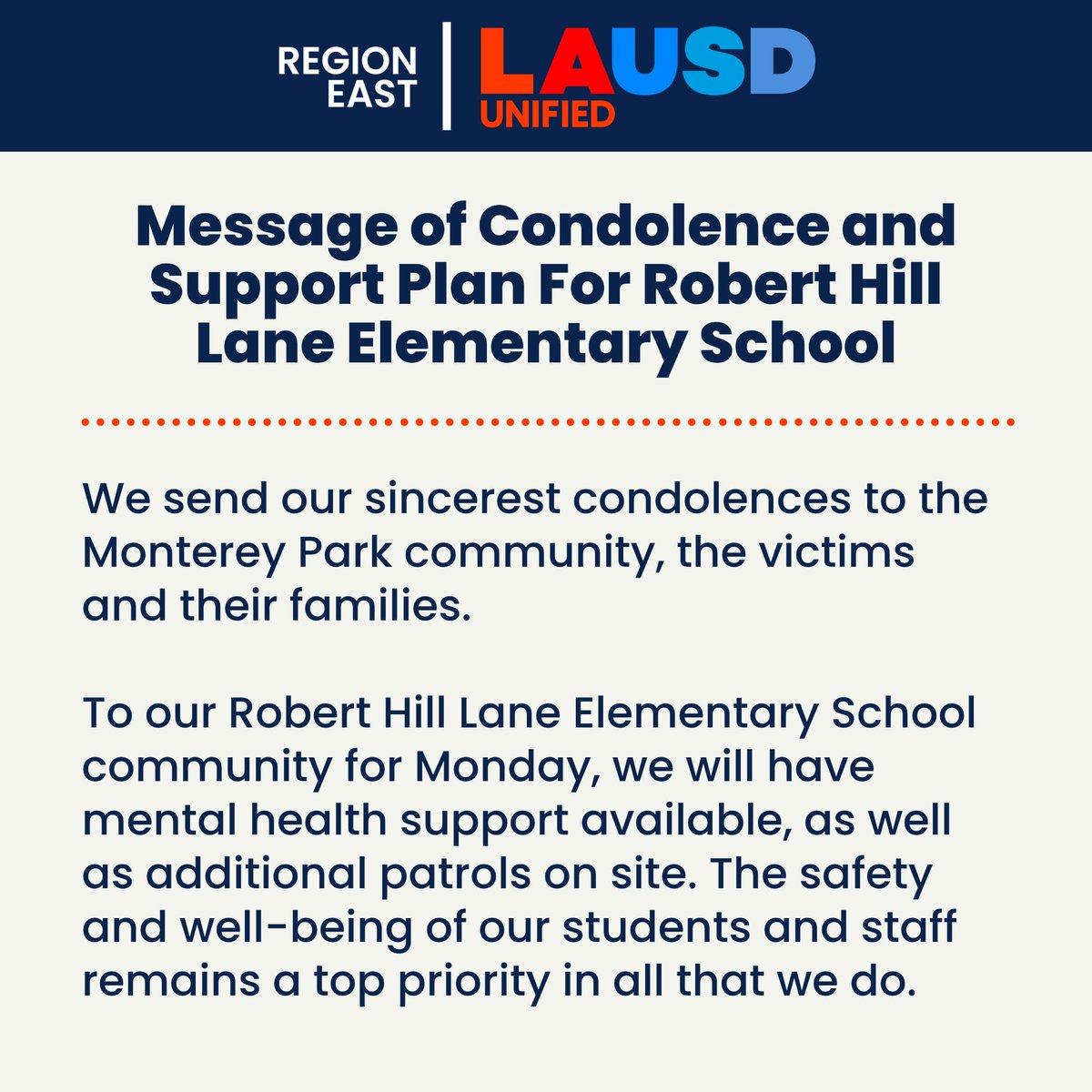Message of Condolence and Support Plan For Robert Hill Lane Elementary School
