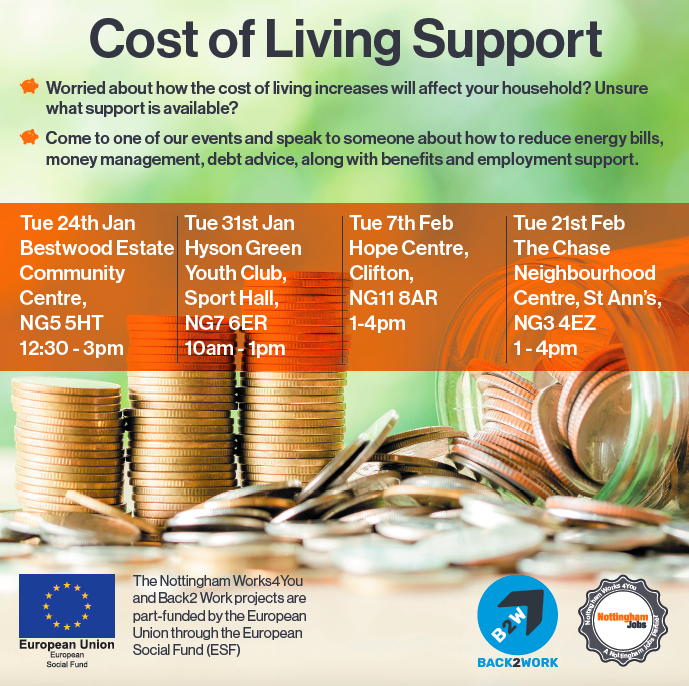 Cost of Living Support, in the @My_Bestwood area.

WHEN: Tuesday 24th January, 2023.

WHERE: Bestwood Estate Community Centre, My Nottingham

TIME: 12.30-3pm.

#mybestwood #bestwood #CostOfLivingCrisis #support #community #back2work @NottinghamJobs  #moneymanagement #debtadvice