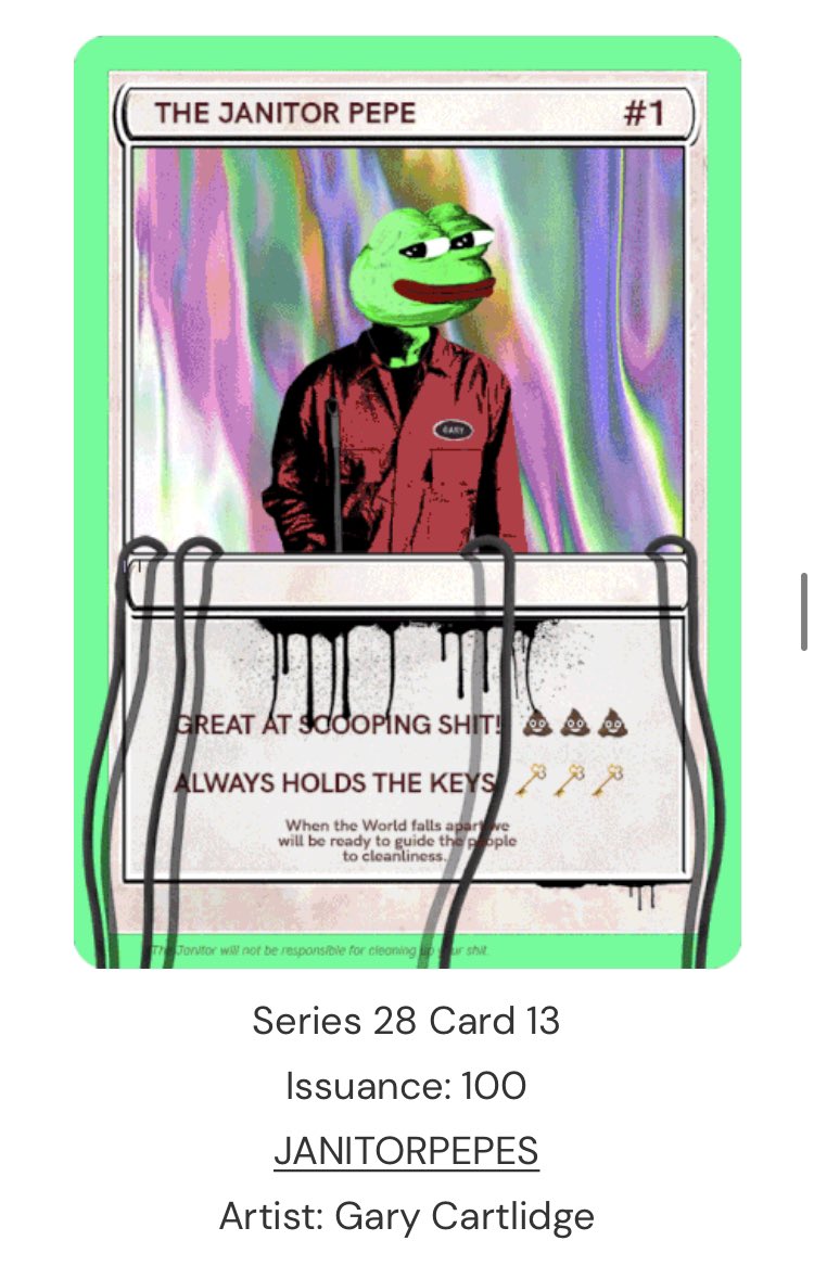 TroyFitzpatric's tweet photo. 4 years creating NFTs and now is the first time I’ve minted on BTC and it’s a Dank Janitor card 👀 https://t.co/5Kz2hUBP2n #NFT #cryptoart #digitaljanitor https://t.co/UKtbiNsyJM