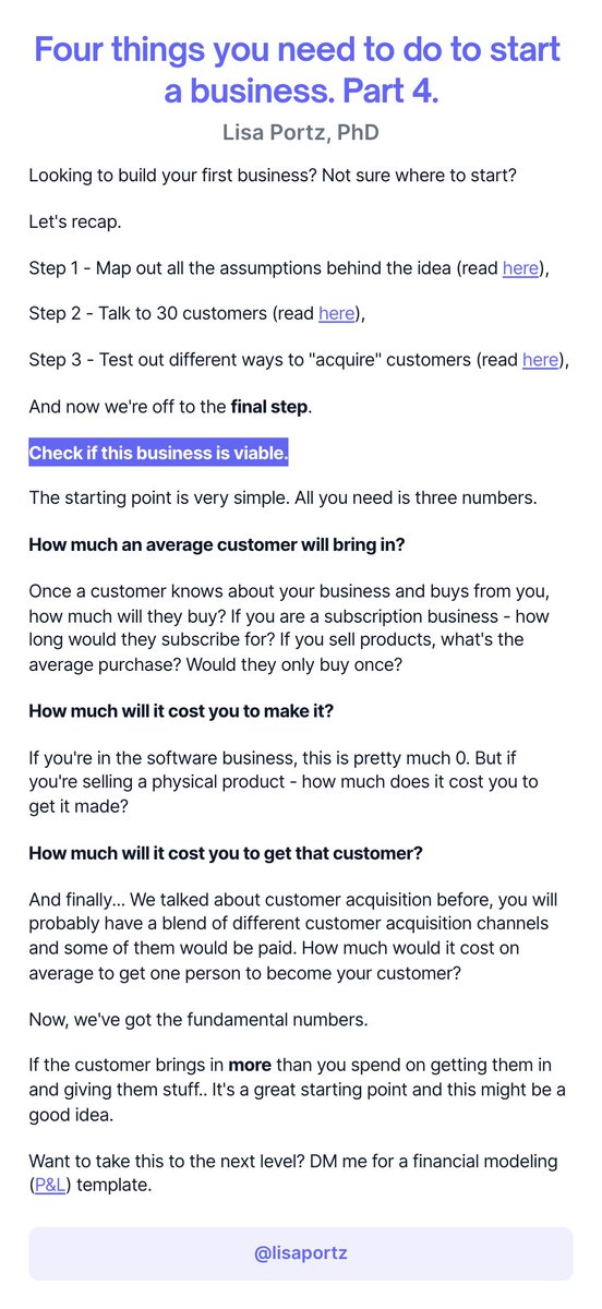 lisaportz's tweet image. Want to launch a business but not sure where to start? Just four steps.

Today, it&apos;s about crunching the numbers to make sure you&apos;re building something viable aka this can make $$.

#ship30for30 #businessbuilding #howtostartup