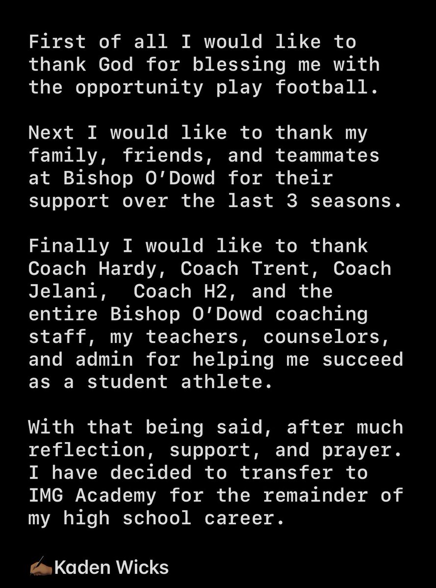 kaden_wicks's tweet photo. Blessed to have transferred to @IMGAFootball for my senior year. https://t.co/bmdOIy4uZS