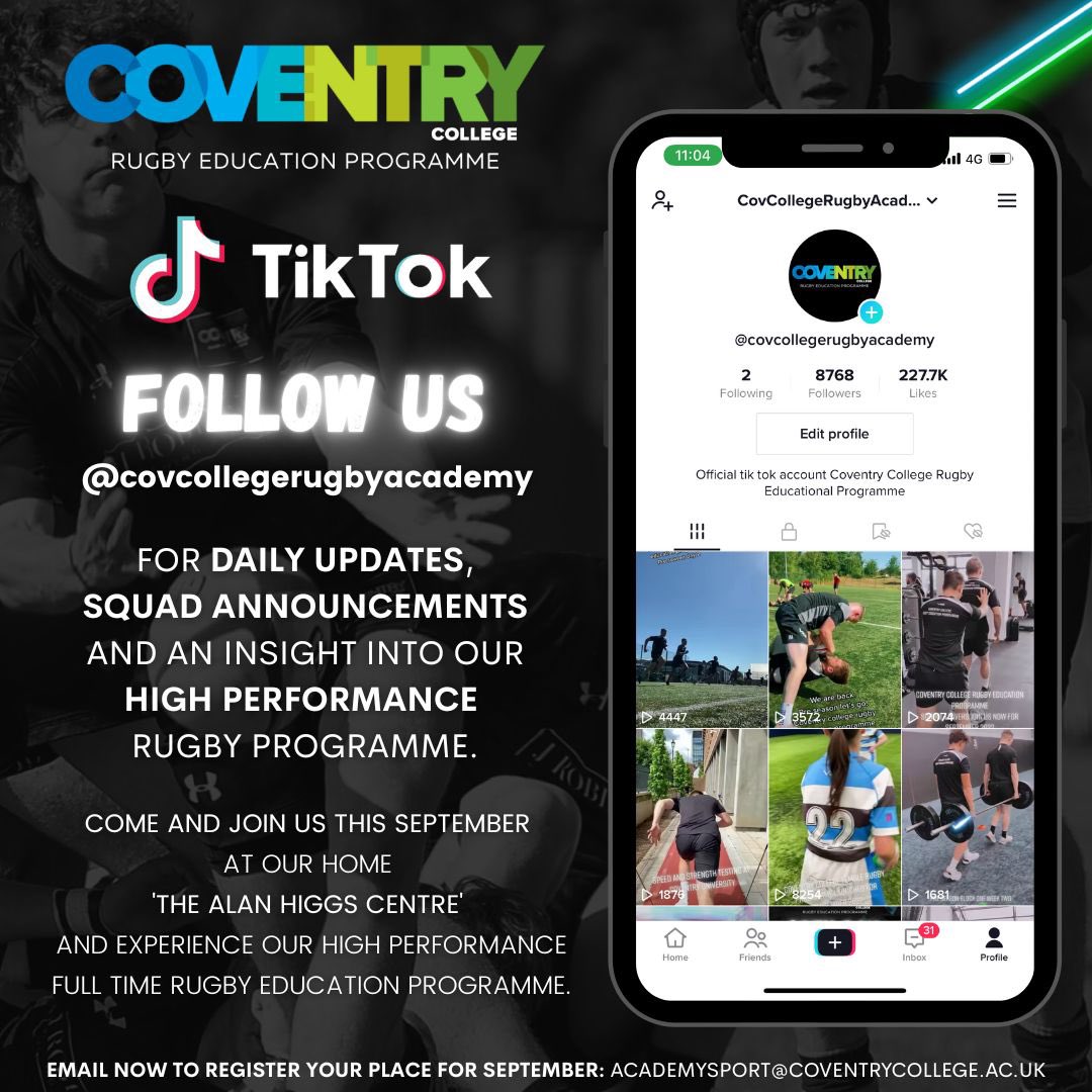 Follow <a href="/coventrycollege/">Coventry College</a> full time 16-18yrs Rugby Education Programme on <a href="/tiktok_uk/">TikTok UK</a> for more information ℹ️ contact 📧 academysport@coventrycollege.ac.uk