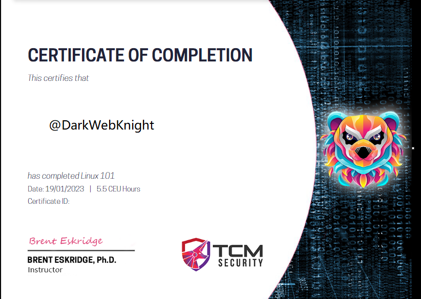 DarkWebKnight's tweet image. I just completed Linux 101 from @TMC
very intersense course to dive into the world of linux @brenteskridge masters his subject well, he manages to capture the student's attention without problem