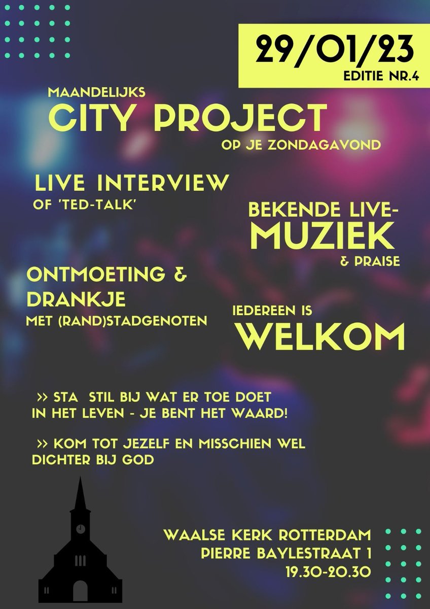 Zet in je agenda: zondag 29 januari om 19:30 uur is weer het City Project in de Waalse Kerk in Rotterdam. Een avond met een goed verhaal / interview, bekende live muziek, en alle gelegenheid tot mooie ontmoetingen. 😊