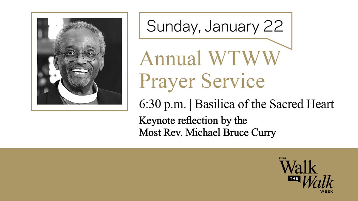 University of Notre Dame (@notredame) on Twitter photo Please join us tonight for the Annual #NDWalktheWalk Week Prayer Service at 6:30 p.m. in the <a href="/NDBasilica/">Notre Dame Basilica</a>. The Most Rev. <a href="/PB_Curry/">Presiding Bishop Michael Curry</a> will offer keynote reflections.
A reception in the Main Building will follow.
Shuttle service is available. Route: go.nd.edu/WTWWPrayerServ… Please join us tonight for the Annual #NDWalktheWalk Week Prayer Service at 6:30 p.m. in the <a href="/NDBasilica/">Notre Dame Basilica</a>. The Most Rev. <a href="/PB_Curry/">Presiding Bishop Michael Curry</a> will offer keynote reflections.
A reception in the Main Building will follow.
Shuttle service is available. Route: go.nd.edu/WTWWPrayerServ…