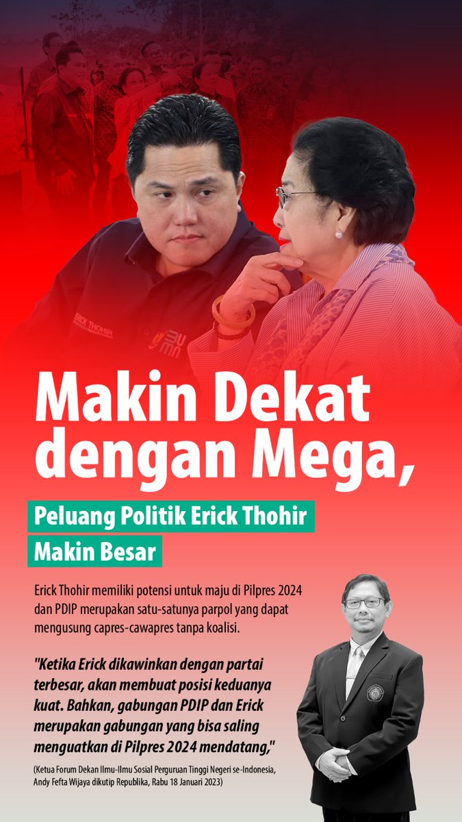 barayaerickthir's tweet photo. Erick Thohir memiliki potensi untuk maju di Pilpres 2024 dan PDIP merupakan satu-satunya parpol yang dapat mengusung capres-cawapres tanpa koalisi.

#KitaHadapiKitaAtasi
#erickthohir #etroopersjabar #etroopersaction #ethosukabumi #ethocianjur #sukabumi #cianjur https://t.co/kcbuRbzW2v