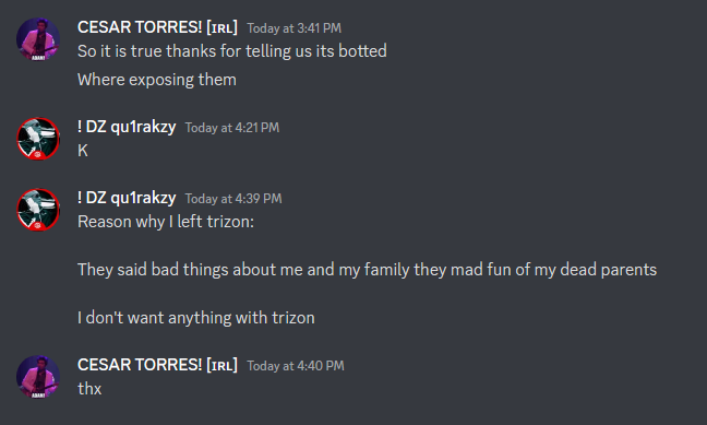 FlowzTrz's tweet photo. @TrizonGG btw this is the co owner right now and he left trizon and admitted that they botted subs they were also talking stuff about his dead relatives https://t.co/ZQnsmGgMeO