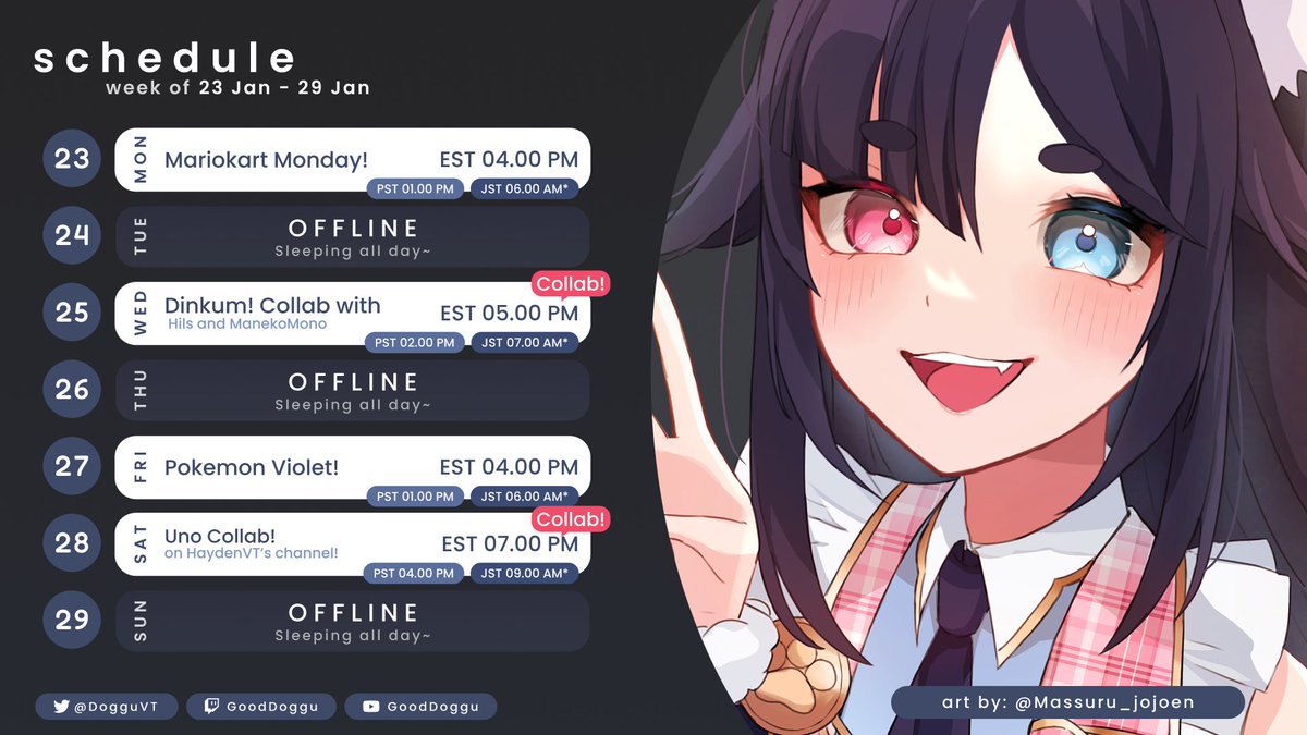 DogguVT's tweet photo. 【 Schedule 】repost!
So many collabs this week! Can't wait to play Dinkum with @ManekoMono and @Hils_VT as well as absolutely crush at uno on @HaydenVtuber 's channel! Hope to see you all there! 💖
#TopDoggu https://t.co/A5MPRiGHJ3