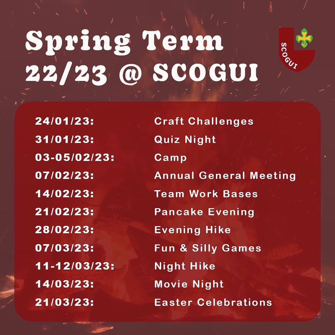 SCOGUI's tweet image. Fancy seeing what we get up to? Looking for something new to try? Here are our official events happening for the rest of the semester! Please contact if you want more info please and interested. Members will get all of the details via the group chat and emails as normal