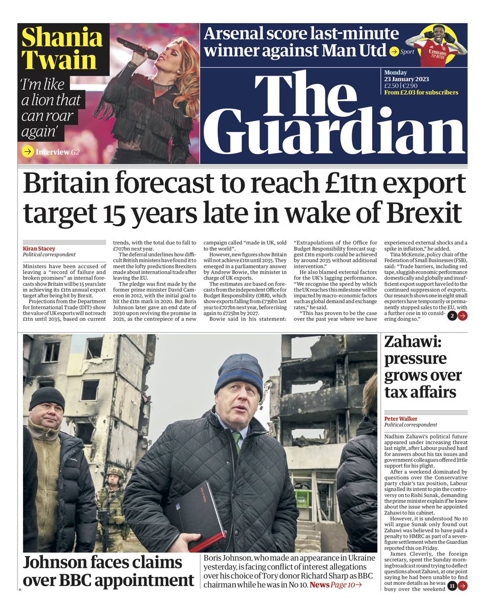 The Guardian front page, Monday 23 January 2023. Britain forecast to reach £1tn export target 15 years late in wake of Brexit