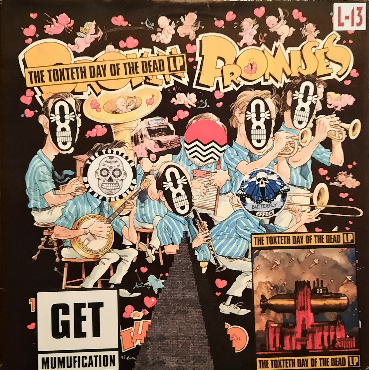 Lisa_Lovebucket's tweet photo. Toxteth Day of the Dead LP covers no35 and no36. 69 LPs - 23 red, 23 clear, 23 black. Vinyl hand-lathed by Bladud Flies! Bespoke artwork by Jimmy Cauty. Collaged covers by LLB. Released on Butterfly Effect Records. SOLD OUT. Digital release to follow #TDOTD https://t.co/dzqkaIyjeJ