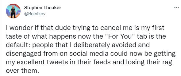 Obviously pointing out to the broader community that weapons-grade transphobe, sexist, toilet monitor and Number One Julie Bindel fan Stephen Theaker is a danger to the SFF community is 'trying to cancel him'.

No dude, you're just pretty repulsive.