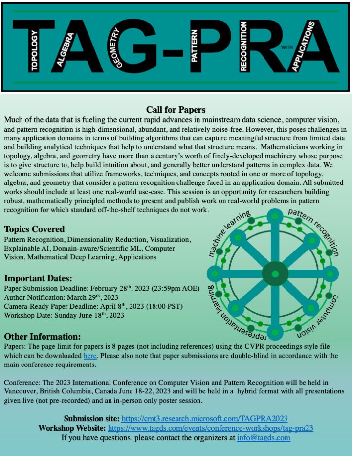 We are thrilled to announce that <a href="/TAGinDS/">TAGinDS</a> will have its next workshop at <a href="/CVPR/">#CVPR2026</a>! #TAGPRA will center on the use of Topology, Algebra, and Geometry for Pattern Recognition with Applications! Stay tuned and looking forward to your submissions!