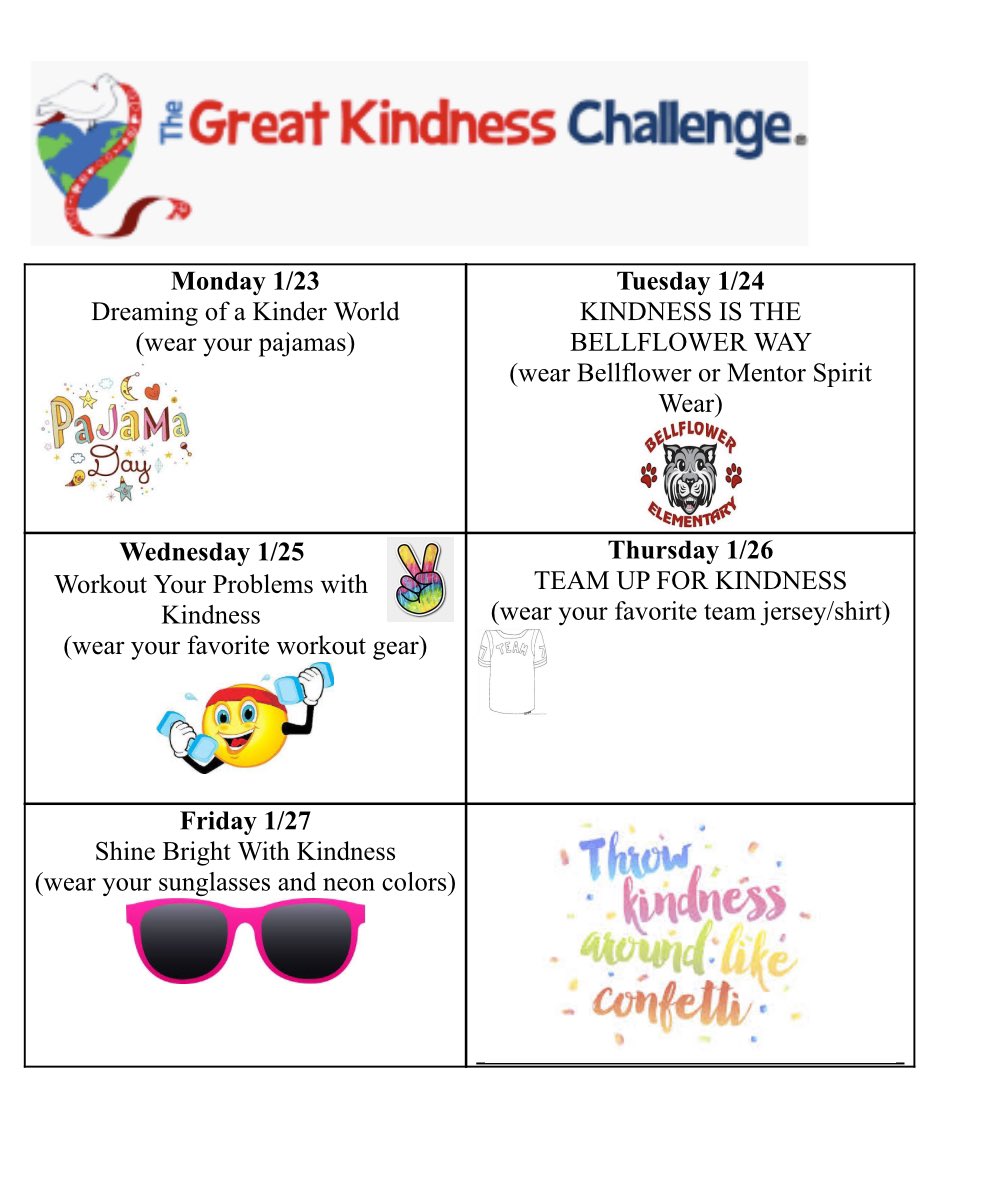 The Great Kindness Challenge starts this week! 🌎❤️ Check out the fun different ways your kiddo can dress this week! #bellflowerway
