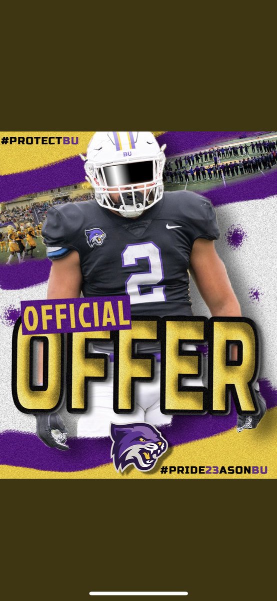 _ChrisGooden's tweet photo. Blessed to recieve an offer from @BU_FootballTN 🟣🟡@Coach_Springer1 @AverageJoesSpo1 @DexPreps @PrepRedzoneAL @YellowhammerFB @CoachDeWoody @coachmglover @football_etowah #AG2G https://t.co/5MgRcdC5QZ