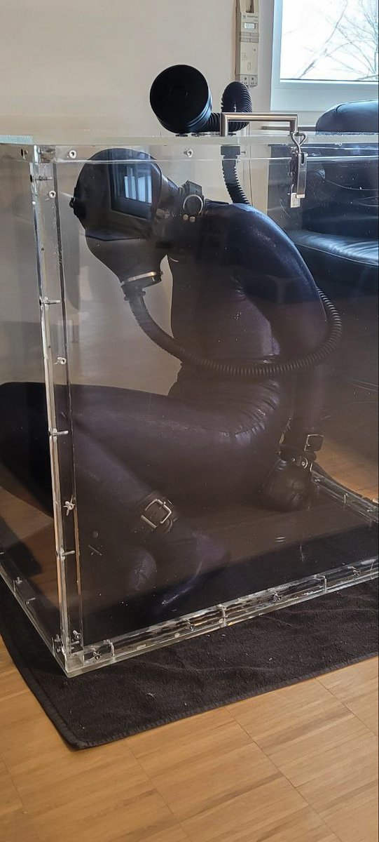 Serwus4's tweet photo. Today I got put into this lovely glass cage by @yohan555. Made by @rotkaepple1 (helped by @yohan555, @Tieherup1, @Bondage_Ninja and me). This is such a nice and decorative way to store away your toy while you can enjoy a movie, a glass of wine or just observe the poor captive. https://t.co/hHvIjahRy6