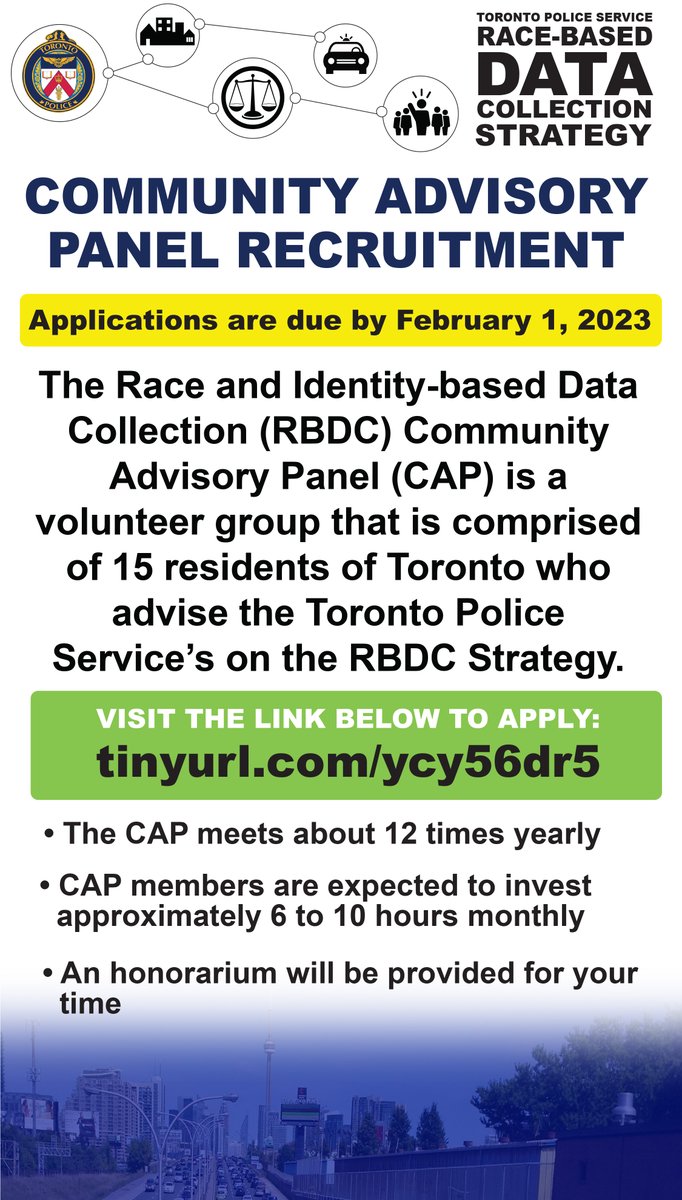 We are inviting members of the public to apply for a positions on our RBDC Community Advisory Panel – a diverse volunteer panel that plays a key role in the Toronto Police Service Race and Identity-based Collection Strategy. Apply today @ tinyurl.com/ycy56dr5