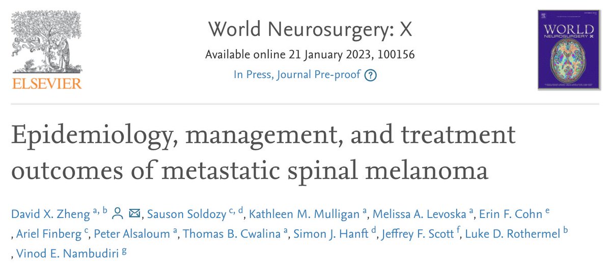 Always a pleasure teaming up with friends and mentors across different disciplines and institutions. Out now in <a href="/WorldNeurosurg/">World Neurosurgery Journal</a>, we review the current landscape of care for melanoma metastatic to the spine.

authors.elsevier.com/sd/article/S25…