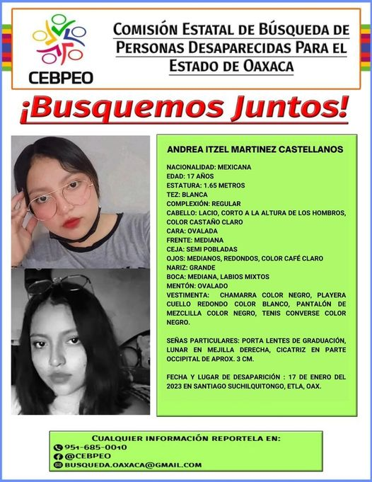 Fam_Unidas_AC's tweet photo. ¡BUSQUEMOS JUNTOS!
Andrea Itzel Martínez Castillo
17años #Desap 17/01/23
En #Etla #Oaxaca RT @951mx_com @MunicipioOaxaca @FGR_Oax @AciertaOaxaca @GobOax @Oaxaca_Digital @Quadratinoaxaca @Quadratinoaxaca @_ElenaRios @monicagarzag @salomonj @LaAlamedaOaxaca @SSPC_GobOax @AIP_Oaxaca https://t.co/nDu5syN9t3
