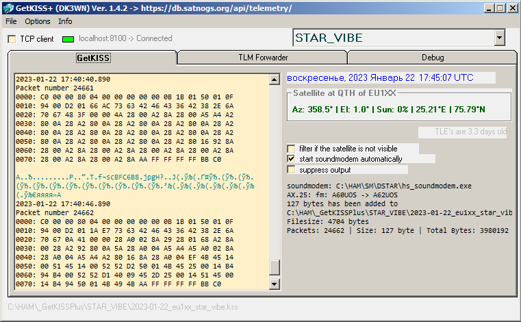 EU1SAT's tweet photo. STAR VIBE RAW Telemetry
MaxEl 18°
Very similar to object #55009
Used D-STAR ONE 4800bd SoundModem by #UZ7HO (MOBITEX)
21 Frames uploaded to @SatNOGS DB
https://t.co/Qcd1w549vn
@scanway_space @GermanOrbital #STAR_VIBE #CubeSat https://t.co/Df6XduqdmW
