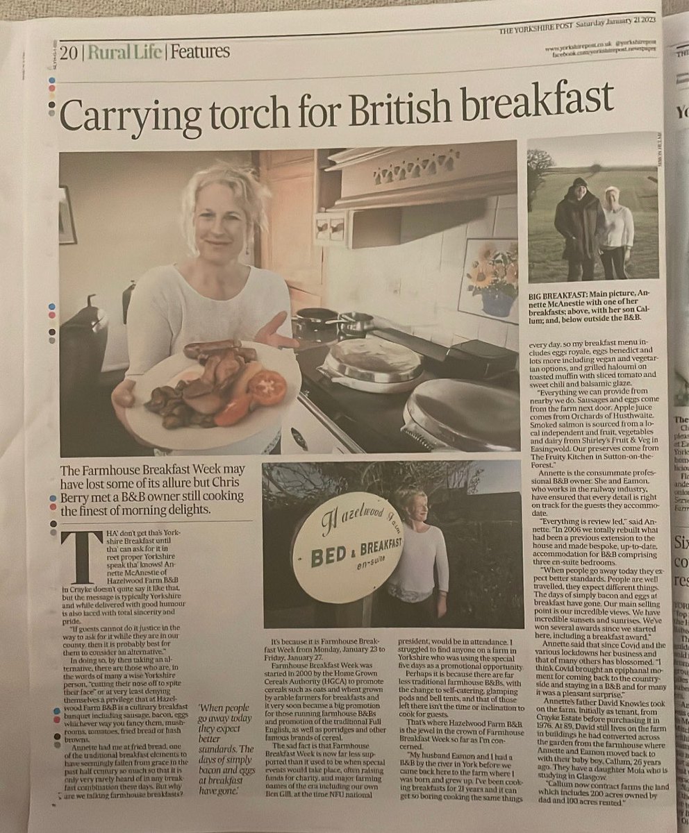 HazelwoodFarm's tweet image. What a fantastic write up for @HazelwoodFarm in the @yorkshirepost this weekend.Thank you @CHRISBERRY50 - I really enjoyed talking all things breakfast with you! 

#Farmhousebreakfastweek #breakfast #yorkshirebreakfast