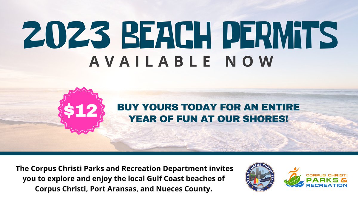 cityofcc's tweet photo. Get ready to explore our Gulf Coast beaches! $12 beach parking permits are available for purchase at several locations and from beach compliance officers. Learn more at https://t.co/KbELy2M7lO. #CorpusChristi #VisitCC #GulfCoastBeaches #GulfCoastCapital #CorpusChristiBeaches https://t.co/ei0vkesZ4W