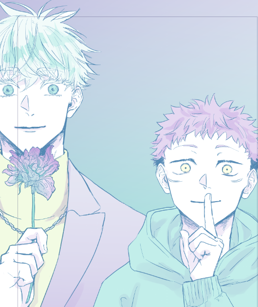 2boys bangs blue eyes facial mark flower holding holding flower  illustration images