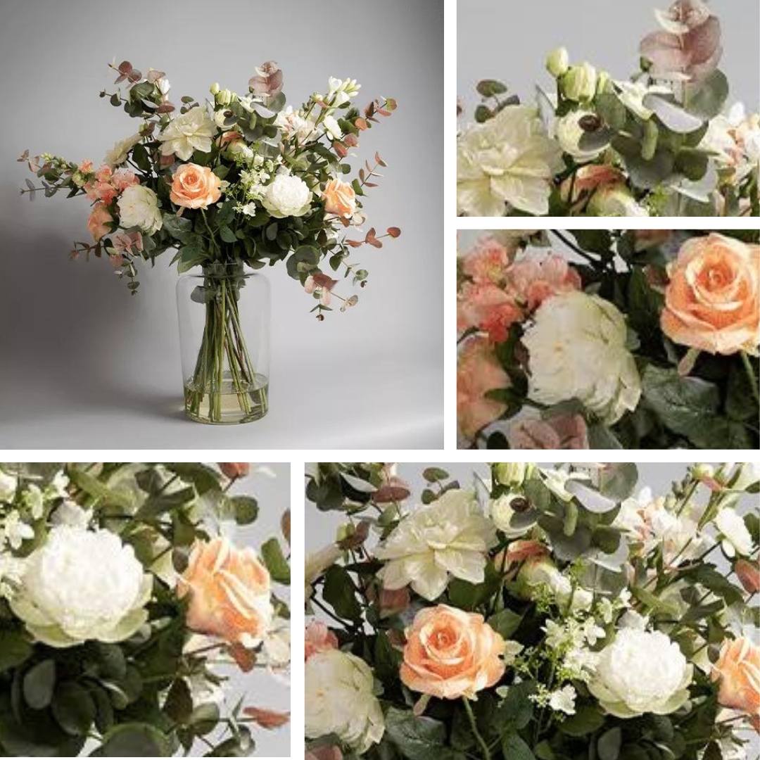 Demmerys's tweet photo. A naturally charming display, this lifelike Demmery’s sits in a simple large jar vase crafted from glass, with its flora mix luxuriously combining peach and cream hues with eucalyptus for what can only be described as a bewitching statement. #flowerarrangement #eucalyptus #flower https://t.co/JvDgkFYDV0