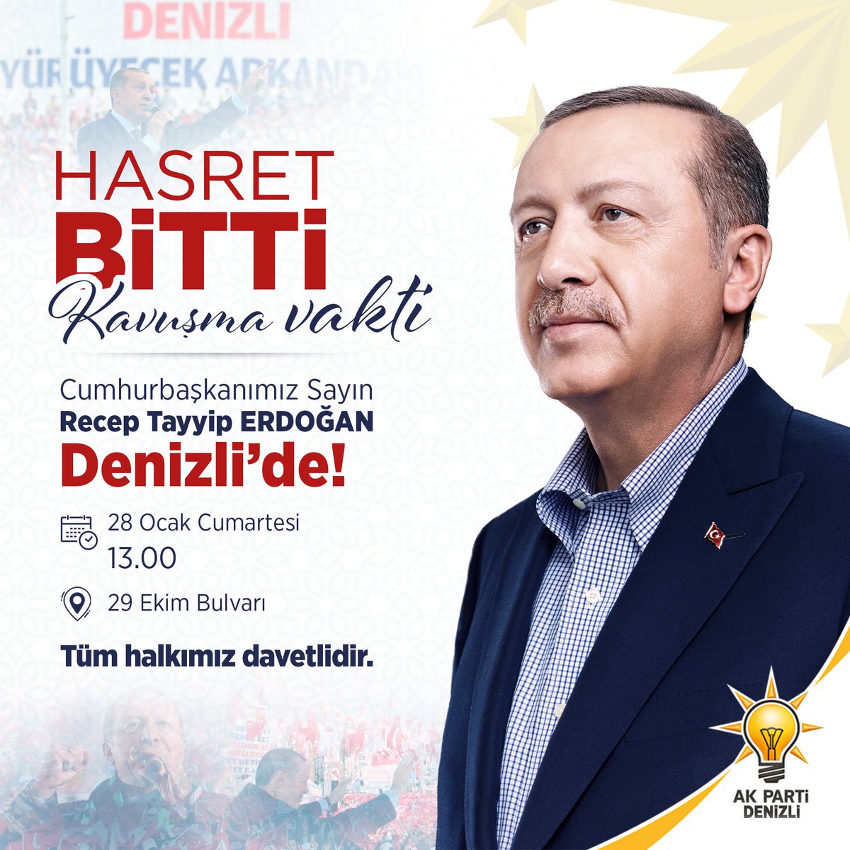 AK Parti Denizli (@akpartidenizli) on Twitter photo Hazır mısın Denizli? Hasret bitti, kavuşma vakti...
Cumhurbaşkanımız Sayın <a href="/RTErdogan/">Recep Tayyip Erdoğan</a> Denizli'de!
📅 28 Ocak Cumartesi 🕐 saat 13.00'da
📍 29 Ekim Bulvarı
Tüm halkımız davetlidir. Hazır mısın Denizli? Hasret bitti, kavuşma vakti...
Cumhurbaşkanımız Sayın <a href="/RTErdogan/">Recep Tayyip Erdoğan</a> Denizli'de!
📅 28 Ocak Cumartesi 🕐 saat 13.00'da
📍 29 Ekim Bulvarı
Tüm halkımız davetlidir.