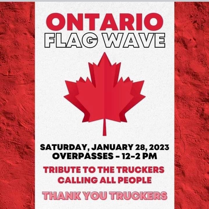 Save your date! 🇨🇦❤️🇨🇦
January 28th 2023 Convoy &amp; Flag Waves
We are inviting you all to join us as we unite again and stand for freedom!🇨🇦
LET’S PACK THOSE BRIDGES
🇨🇦❤️🇨🇦❤️🇨🇦❤️🇨🇦❤️🇨🇦❤️🇨🇦❤️🇨🇦❤️🇨🇦❤️
 Bring your flags and signs!