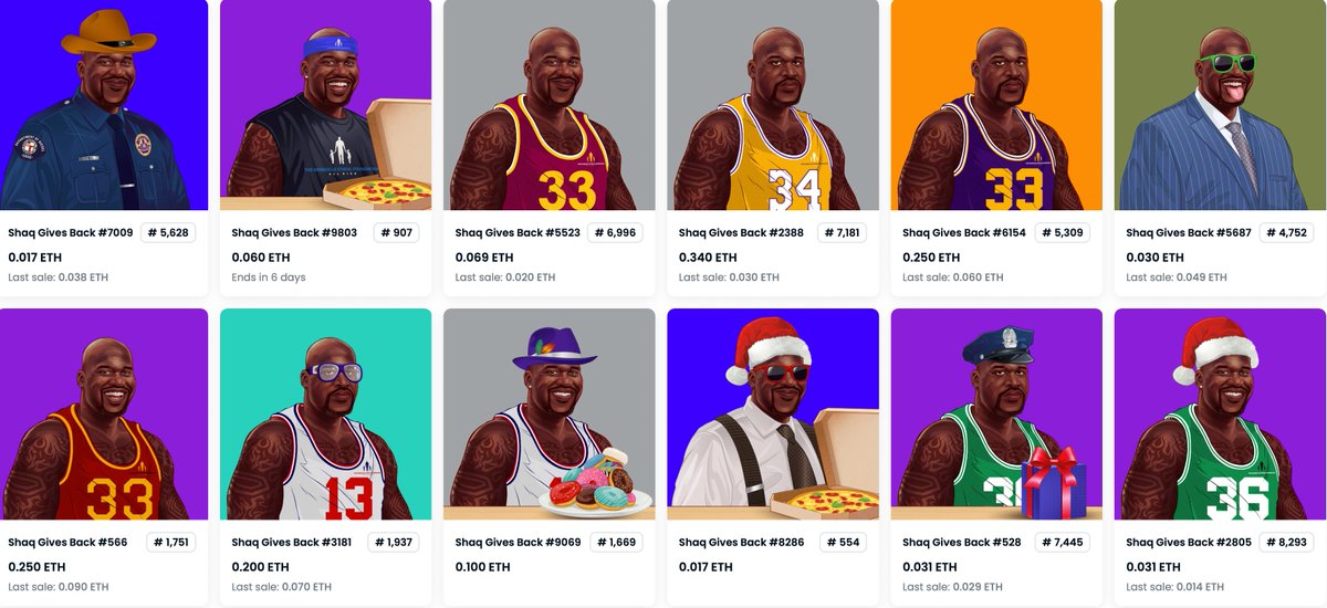 ShaqGivesBack's tweet image. Your 12 most recent listings in the #ShaqGivesBack project! Each purchase sends the entire 👑 ROYALTY 👑 to The @ShaqFoundation.

10k NFT Collection
208 @SHAQ's listed
49 at or below mint price