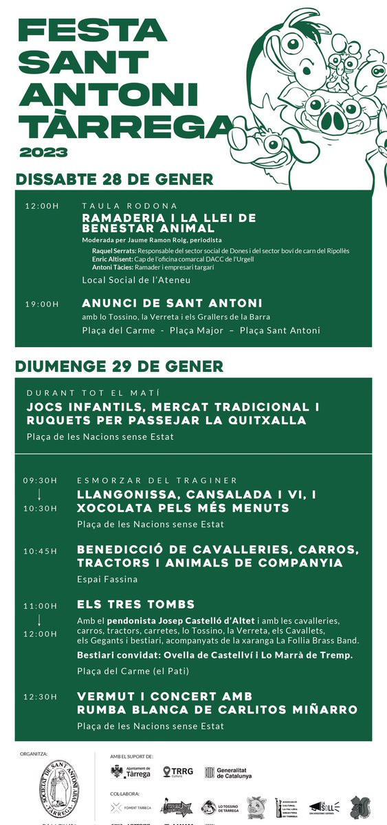 El proper dissabte 28 i diumenge 29 de gener #Tàrrega reviurà la tradició centenària de la Festa dels #TresTombs.
🐷🐴 La pagesia i la cultura popular seran els protagonistes de la festa amb activitats al Pati i la pl. de les Nacions com el mercat de productes artesans, música...
