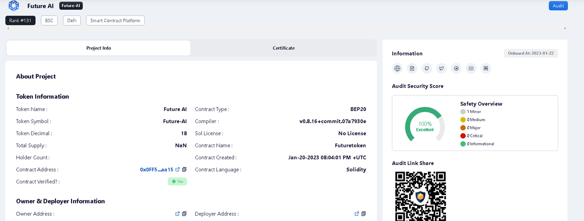 🚀🥳KYC and Audit - Approved

📑KYC: pinksale.notion.site/Future-AI-KYC-…

📑Audit: blocksafu.com/project-detail…

#futureai #blockchain #CryptoNews #KYC #AUDITION