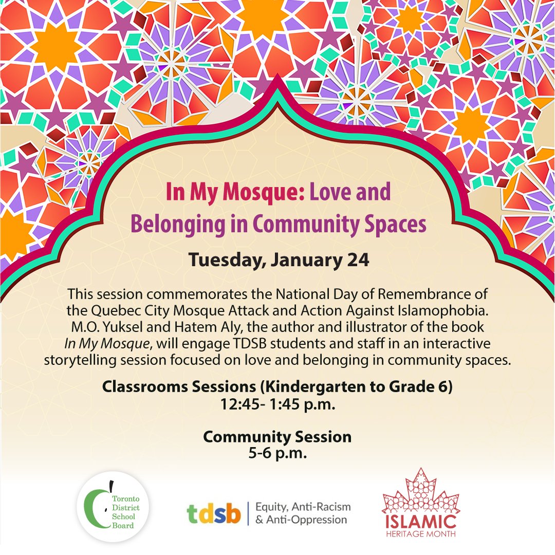 Centre of Excellence for Black Student Achievement (@tdsb_cebsa) on Twitter photo Join the author & illustrator of In My Mosque, in collaboration with <a href="/tdsb/">Toronto District School Board</a>_IHM & the Equity dept. for an interactive storytelling session of their children’s book that focuses on love & belonging for K-6 classrooms!
🔗@tdsb staff sign up on myPATH
🕙 Jan. 24 12:45-1:45PM
#tdsb Join the author & illustrator of In My Mosque, in collaboration with <a href="/tdsb/">Toronto District School Board</a>_IHM & the Equity dept. for an interactive storytelling session of their children’s book that focuses on love & belonging for K-6 classrooms!
🔗@tdsb staff sign up on myPATH
🕙 Jan. 24 12:45-1:45PM
#tdsb