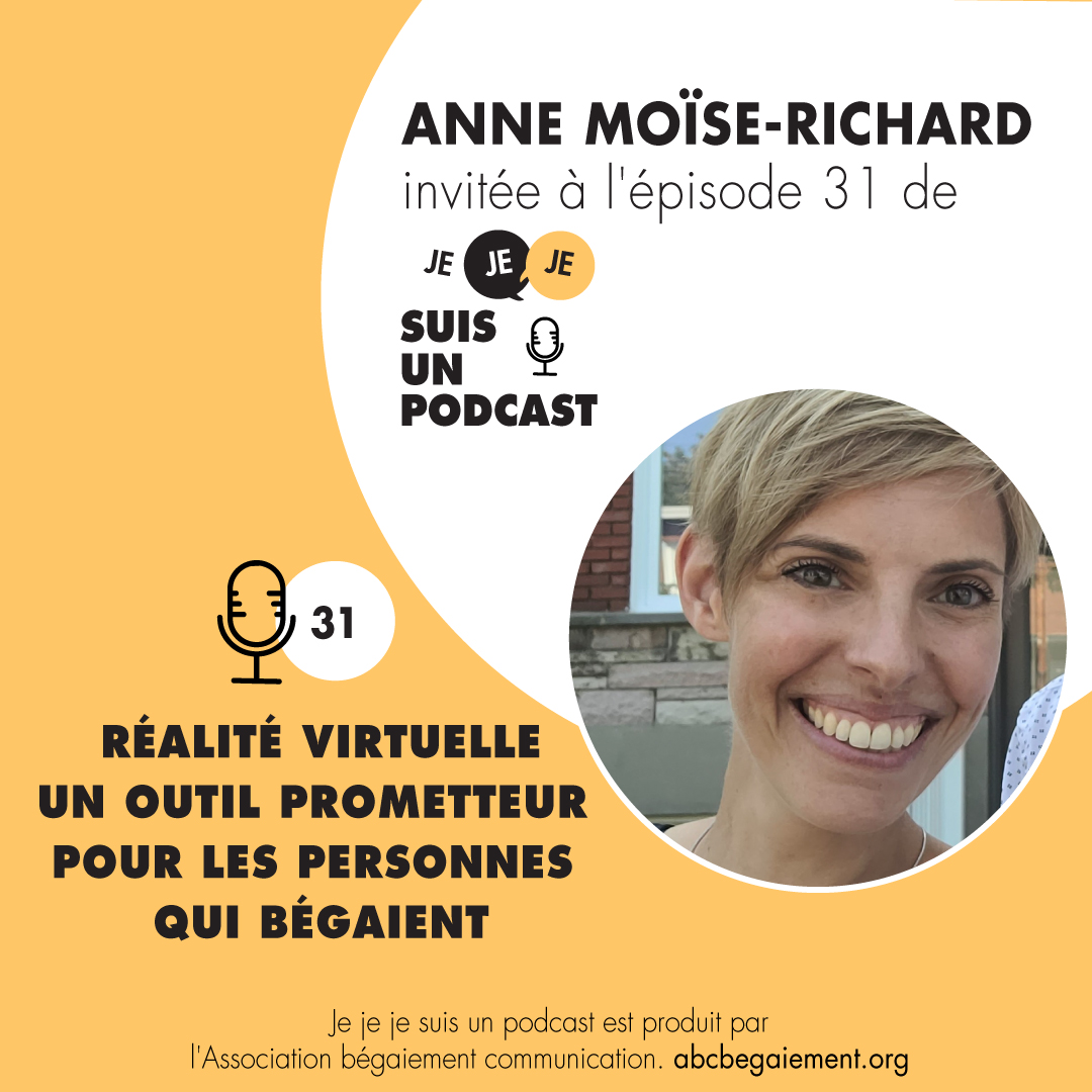 ABCbegaiement's tweet photo. Dans cet épisode de Je je je suis un #podcast, on reçoit Anne Moïse-Richard, #orthophoniste, pour parler de #réalitévirtuelle.
Pour en savoir plus sur comment ça s’applique dans le domaine du #bégaiement, l’épisode est parfait pour vous! https://t.co/Ye4Scx83AL https://t.co/d0Mqr8JLCQ