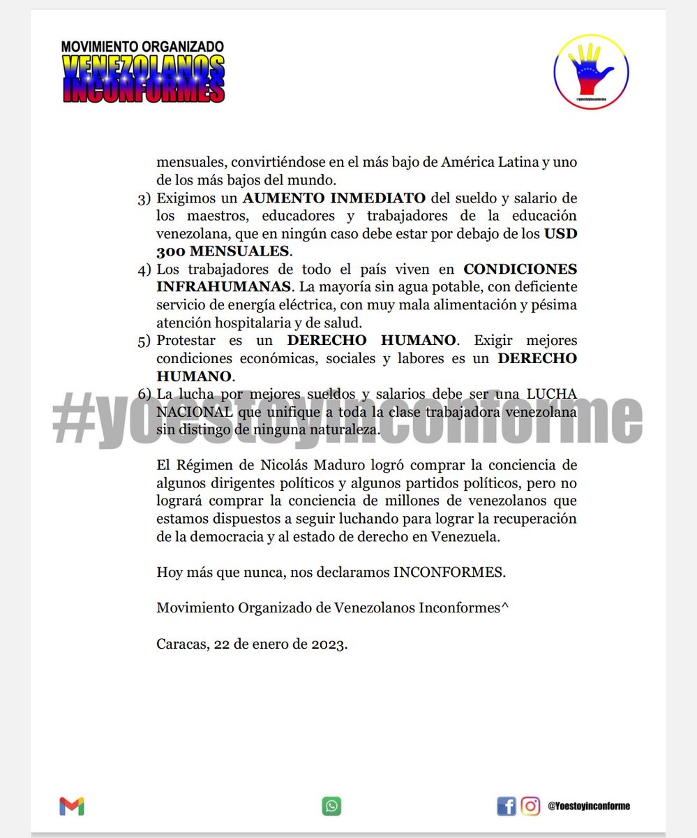GustavoAzocarA's tweet photo. Movimiento Organizado de Venezolanos Inconformes apoya la marcha protesta de este lunes 23 de enero de 2023 convocada por los educadores y denuncia la "marcha paralela" convocada por el madurismo como un intento de provocación y amedrentamiento. #yoestoyinconforme #yoprotesto https://t.co/hgjXbaLFmZ