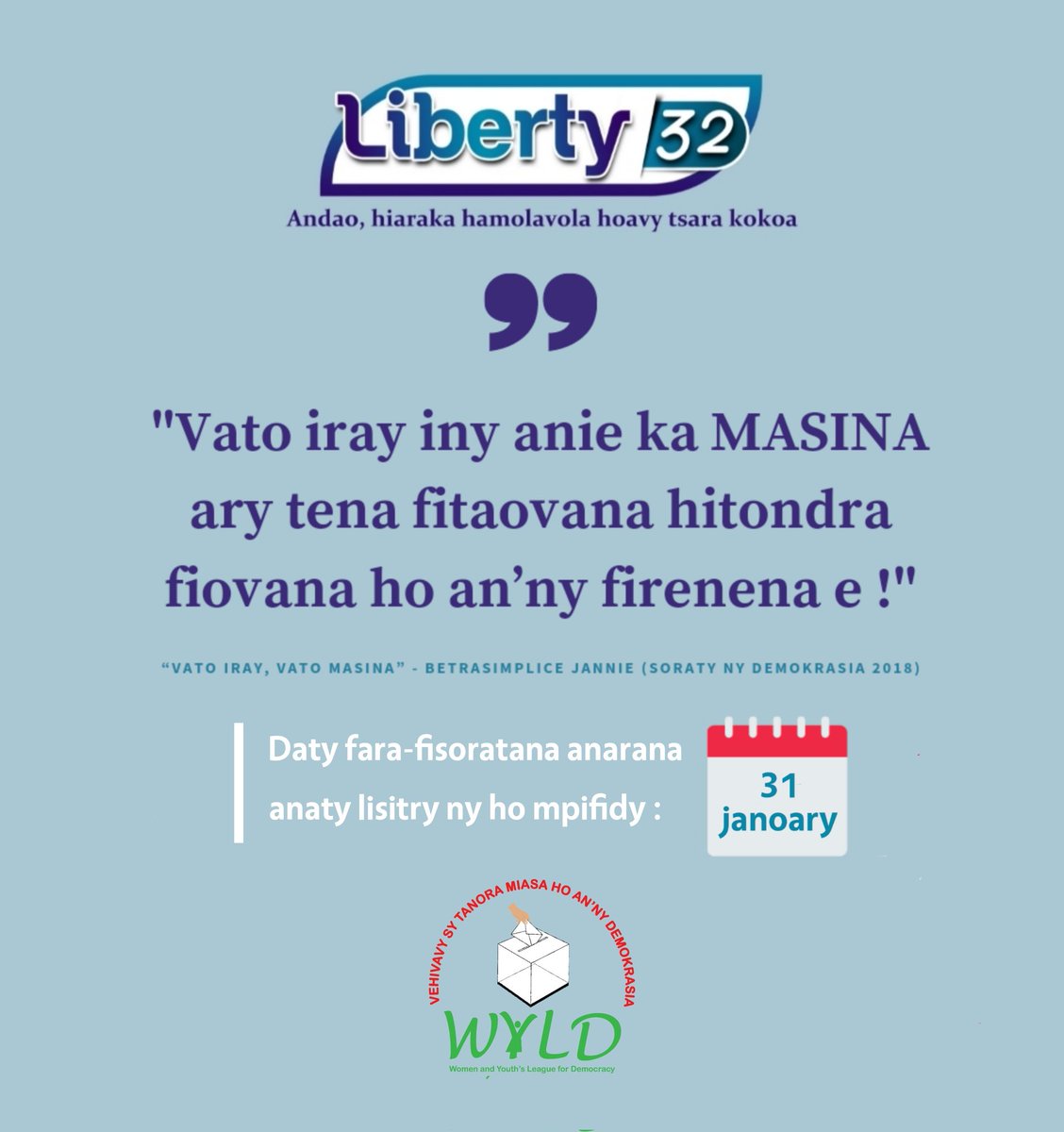 WYLDMadagascar's tweet image. 📣 Mbola manana hatramin&apos;ny 31 Janoary 2023 izao ianao hisoratana anarana ao anaty lisitry ny ho mpifidy raha toa ka mbola tsy nahavita izany.

👭 Manatòna ny biraom-pokontany ary entano koa ny manididina anao hanara-dia anao.

#refonte #election #CitoyenParMesActes