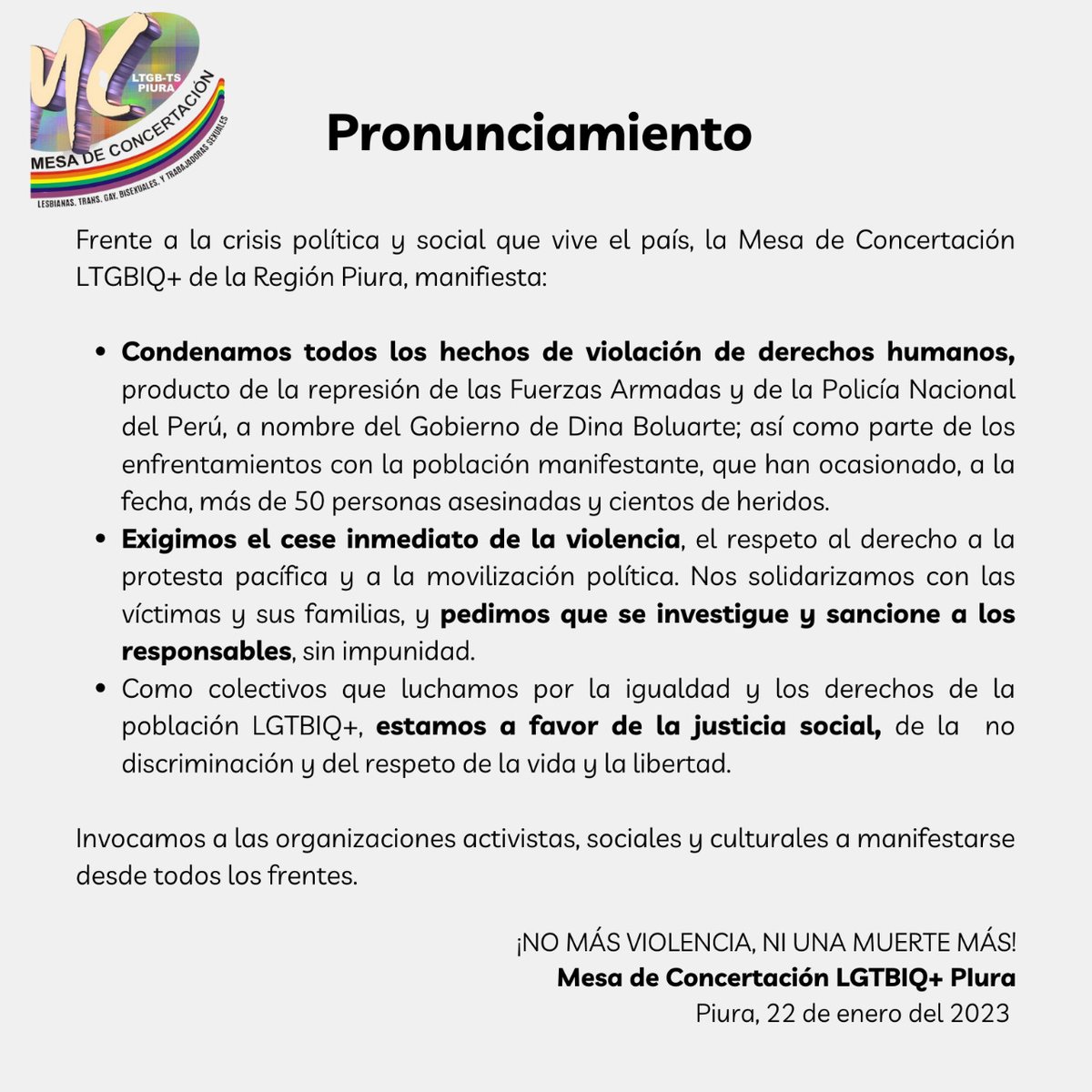 congresiste's tweet photo. Activistas, Colectivos y Organizaciones Sociales de Derechos Humanos que conformamos la Mesa de Concertación LGTBIQ+ #Piura manifestamos nuestra profundo rechazo &amp; condenamos toda la represión desmedida del Gobierno de Boluarte.

En esta lucha estamos todes ✊🏳️‍🌈 https://t.co/C7CHAUhts1