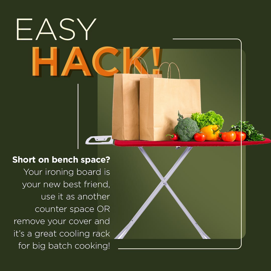 LOrianneColey's tweet image. Easy hack your ironing board can be used as extra counter space or remove the cover and use it for a cooling rack for your large baking batches. #EasyHack #IroningBoard #CounterSpace social.tastefullysimple.com/52zd4g