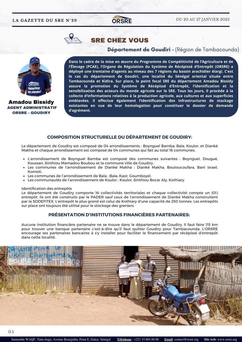 ORSRE_sn's tweet photo. 🔴 #Gazette_SRE_29
Nouvelle rubrique d’immersion sur le terrain, « SRE chez vous ». Pour cette première fois, l’agent Amadou Bissidy en service à #Goudiry partage avec nous les actions de l’ORSRE au niveau du département.

#kebetu #sre #orsre https://t.co/9fvj7J8vX2