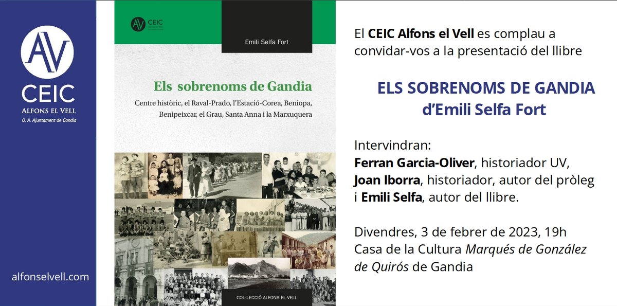 Divendres 3 de febrer a les 19h presentarem a la Casa de la Cultura de Gandia una de les novetats editorials del CEIC: el recull de sobrenoms dels pobles i barris de Gandia que Emili Selfa ha compilat amb cura i rigor durant dècades. Vos esperem!