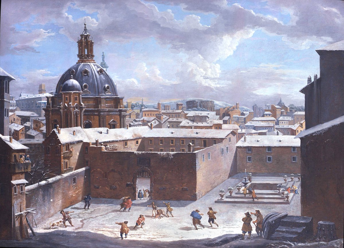 #GreatWinterPaintingsByOldMasters □Rome under the Snow (1730) ☆GIOVANNI PAOLO PANINI (1691-1765)▪︎Master of the Roman vedutes, who was inspired by Canaletto. Here he has rendered Rome photographically faithful after a real snowstorm in 1730▪︎🏛Fondazione Sorgente Group-ROME