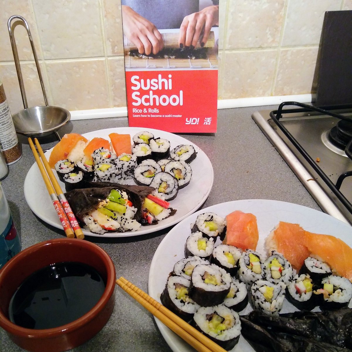 CuriousLifeYT's tweet photo. Nom nom nom! We made some homemade sushi for dinner.

Before the pandemic we went to one of @YOSushi 's sushi making workshops and finally got round to using the workbook at home.

So yummy! But definitely need some practice, and will be better next time 😁

🍣🍣🍣 https://t.co/rc0UWVy7WE