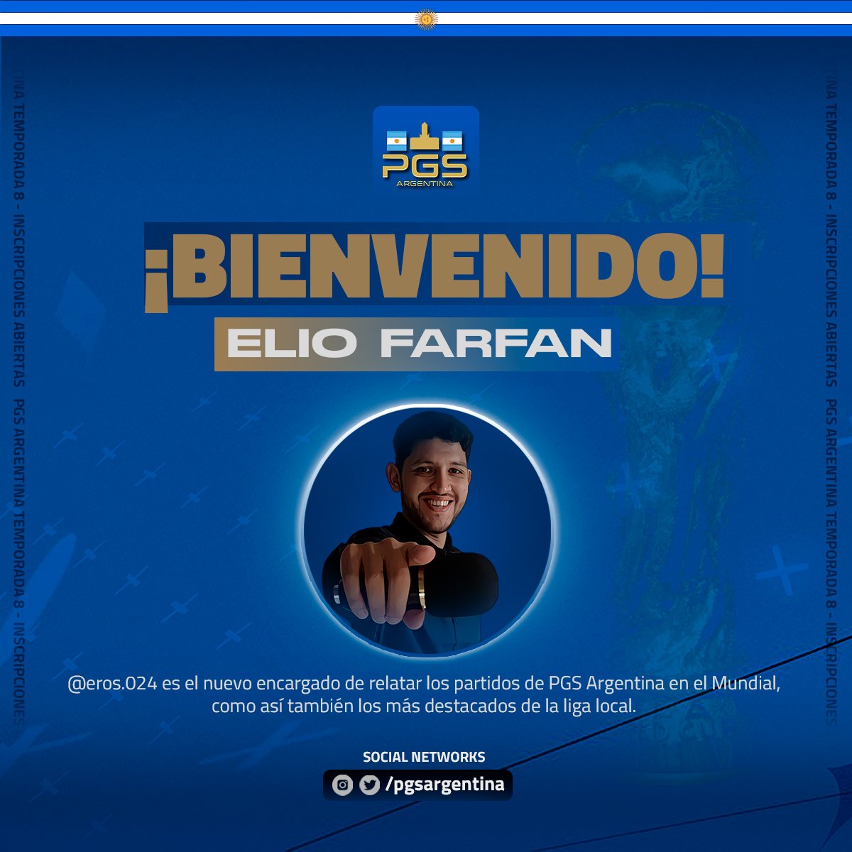 pgsargentina's tweet photo. ✍️ NUEVO FICHAJE.

🎙️¿CASTER? Tenemos también. Elio será el nuevo encargado de darle a las transmisiones de PGS lo que más necesitaban.

#PGSCrece https://t.co/4utNbUosYE