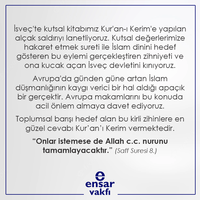 EnsarVakfi's tweet photo. “Onlar istemese de Allah c.c. nurunu tamamlayacaktır.” (Saff Suresi 8.)

 #StopSweden https://t.co/1Zcx2Yaz98
